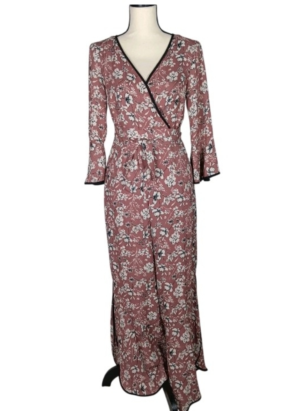 Lily Mauve Floral V-Neck Bell Sleeves with Black Trim Jumpsuit, Small
